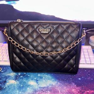 Guess Black Quilted Crossbody Bag with Gold Chain